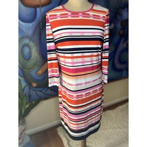 Eliza J Size 8 Printed Multicolored Stripe Shift Dress 3/4 sleeve